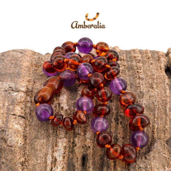 Amberalia Baltic Amber Baby Teething Necklace - Cognac /Amethyst 12.5" - Picture 1 of 6